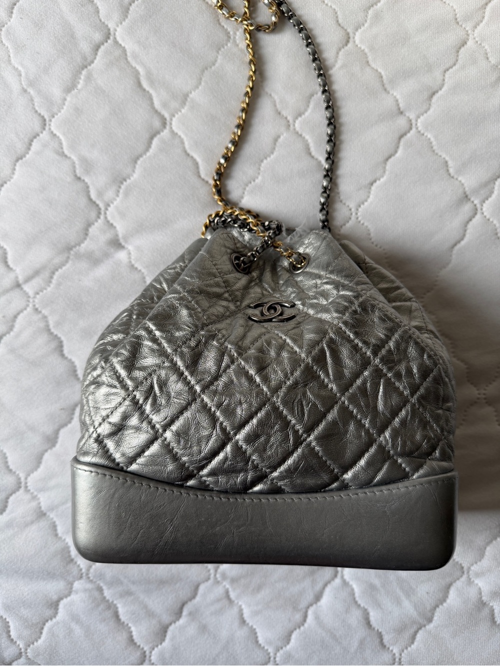 CHANEL Silver Backpack Quilted Drawstring Shoulder with Mixed Metal Chain